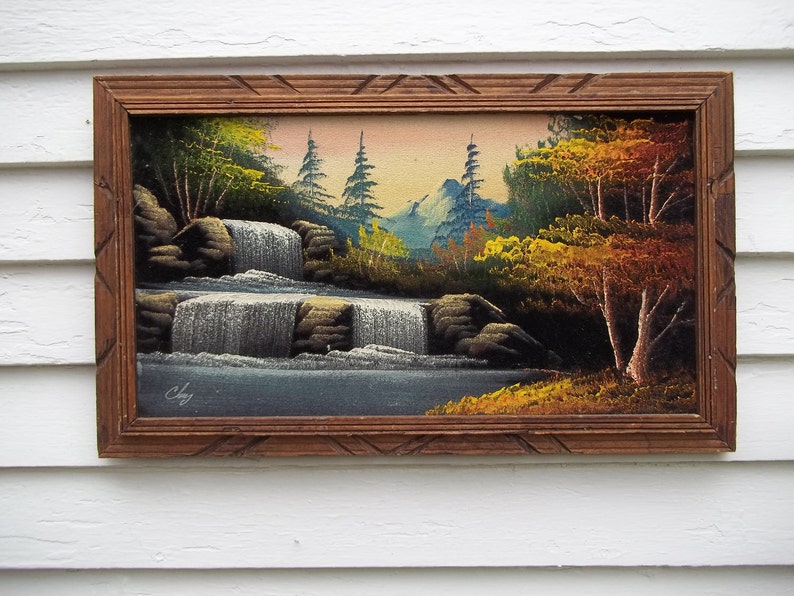 Vintage Black Velvet Painting Waterfall and Scenery Etsy