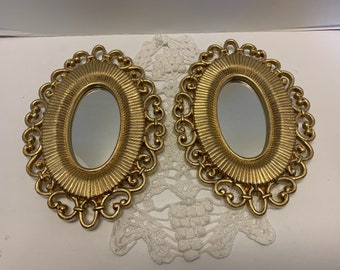 Vintage 2 Frame Mirrors Ornate Shiny Gold Faux Wicker Rattan Woven Frame Syroco Dart Shape 9&quot; by 7&quot;