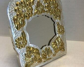 Vintage Ornate Aluminum Mirror Table Top or Hanging Silver and Gold Wood Backing Vanity Dresser 6" by 4"