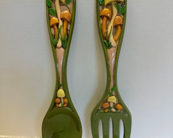 Vintage Mushroom 17" Large Ceramic Spoon and Fork Kitchen Wall Hanging 1980's