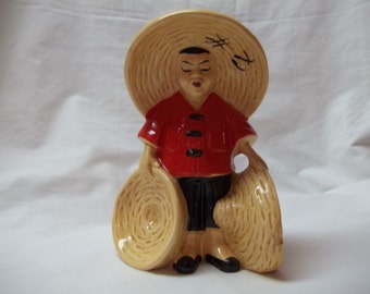 Vintage Planter Asian Person with Hats or Pencil Pen Holder Straw Hats