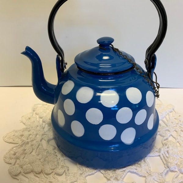 ON HOLD ERIN Vintage Enamel Blue White Dot Teapot Made in Russia Enamelware with Polka Dots Water Kettle