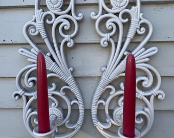 Vintage 2 Ornate Syroco Homco Wicker Rattan White Candle Sconces Scroll Style