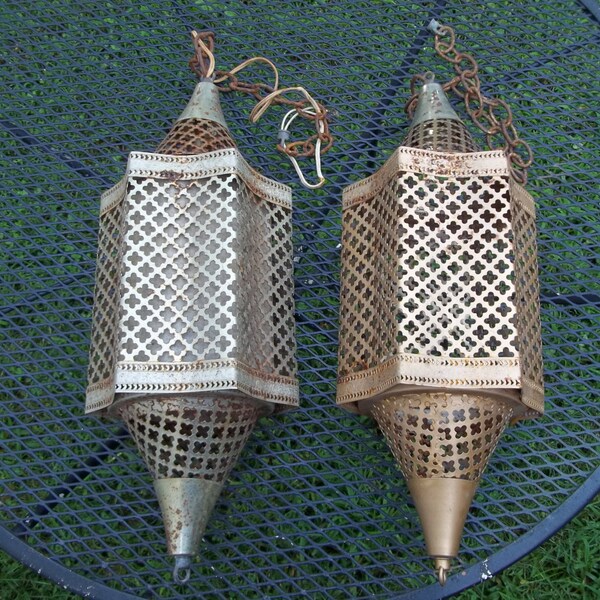 ReSeRvEd for Kelly Vintage Set of Two Mid Century Atomic Punch Metal Mesh Hanging Light NON Working