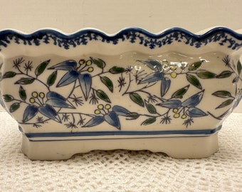 Vintage Footed Blue White Rectangle Planter Vase or Succulent Pot Ceramic Pottery Chinoiserie Style Coastal Living AAA Imports