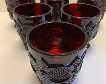 Vintage 6 Red Cape Cod Footed Glasses Avon 1876 Ruby Red Pedestal Tumblers Bourbon Glasses Barware Cranberry Red