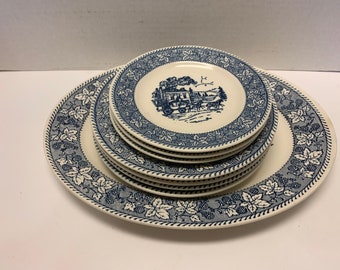 Vintage 8 Berries and Leaves Homer Laughlin Shakespeare Blue White Transferware Platter Salad Plates and Bread Butter Plates