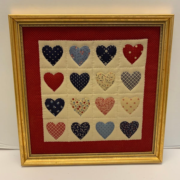 Vintage Quilted Hearts with Wood Gold Frame Farmhouse Country Decor 14" Square Quilted Sampler