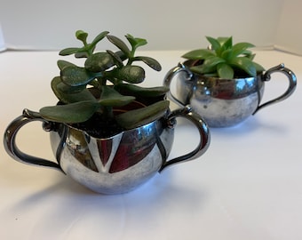 Vintage 3 Handle Cream and Sugar Set Silver Plated Oneida Succulent Pots