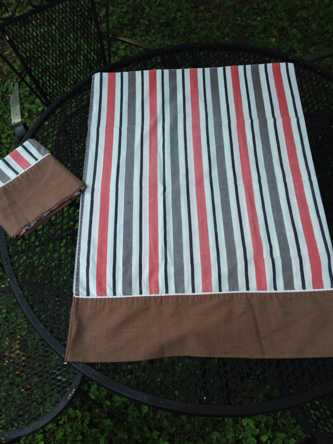 Vintage Set of Two Brown Pink and Gray Stripe Pillowcases Standard Size