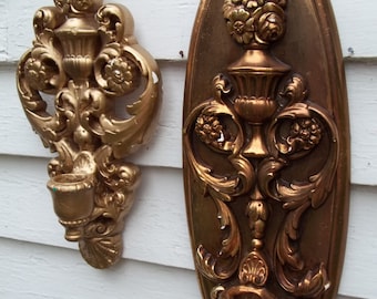 Vintage Set of Two Chalkware Plaster Gold Candle Sconces Wall Candle Holders