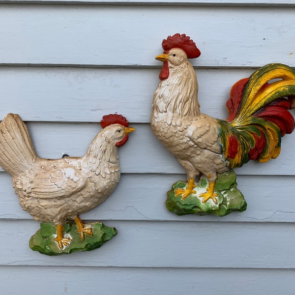 Vintage 2 Mid Century Homco Plastic Resin Chicken and Rooster Wall Hangings