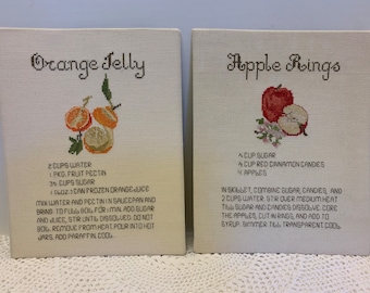 Vintage 2 Completed Cross Stitch Recipe Samplers Finished Orange Jelly and Apple Rings 8" by 10" Farmhouse Decor