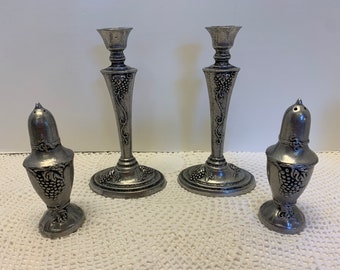 Vintage 4 Piece Carson Pewter Candle Holder and Salt & Pepper Set Grapes and Grapevine Design Candlesticks and Shakers