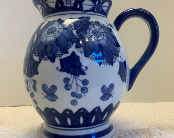 Vintage Chinoiserie Blue White Porcelain Pitcher 8" tall Coastal Living English Vase or Planter Cottage Style