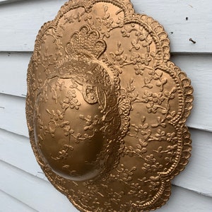 Vintage Ceramic Antique Gold Bonnet Hat Wall Hanging Lace and Flower Detail with Scalloped Edges 14" tall by 12" wide