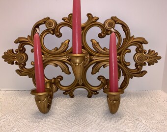 Vintage Ornate Homco Triple Candle Sconce Candle Holder Dart Homco