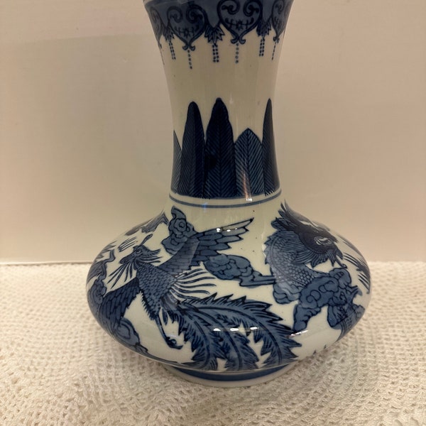 Vintage Chinoiserie Porcelain Blue White Vase Phoenix and Dragon 10" tall Coastal Living Asian Style English Cottage Wide Bottom