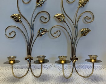 Vintage Set Gold Tone Double Candle Sconces Indoor or Outdoor Scroll and Leaf Design Candle Holders