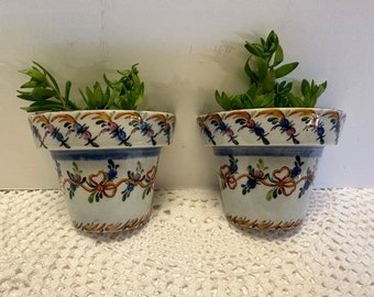 Vintage 2 Small Wall Pocket Planters Hand Painted Ceramic From Portugal Matching Set 3" by 3 3/4" For Succulents