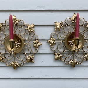 Vintage 2 Gold Gilt Leaf Candle Sconces Hollywood Regency Round Syroco Homco Ivy Leaf