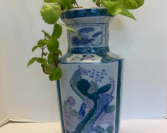 Vintage Large Peacock Blue White Pink Porcelain Vase 14" tall Chinoiserie Asian Style Coastal Living Mother's Day Gift