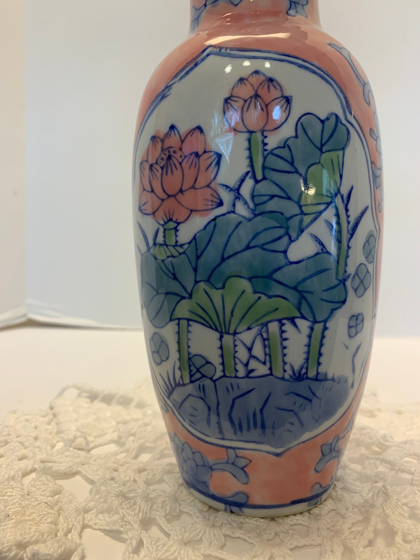 Vintage Chinoiserie Porcelain Blue White Pink Vase 9 | Etsy