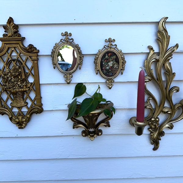 Vintage 5 Mix Match Gold Wall Collection Mirror & Flower Picture, Wall Pocket Sconce Double Candle Sconce and Flower Basket Plaque Grouping