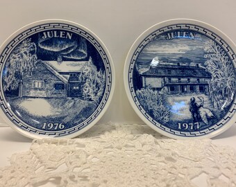 Vintage 2 Flo Blue and White Plates Made in Sweden Elg and Elg Scandinavian Porcelain Plates 1976 and 1977 Christmas Julen Plate