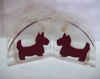 Vintage Set of Art Deco Lucite Acrylic Red Scottie Dog Terrier Bookends So Cool! Very Rare and Different