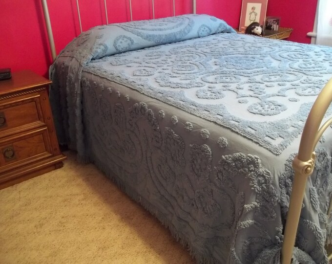 On Sale...vintage Blue Chenille Bedspread Size Full Etsy