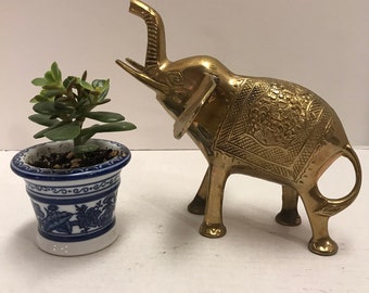 Vintage Brass Elephant with Ornate Design Figurine or Bookend 6&quot; tall Lucky Elephant
