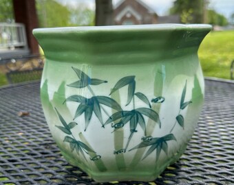 Vintage Asian Jardinière Planter 8" Tall by 6 1/2" Tall Green and White Bamboo Design Ceramic Pot