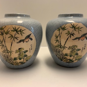 Vintage 2 Asian Ceramic Porcelain Vases Bird and Bamboo with Asian Writing Lettering They Do Not Hold Water