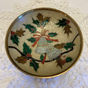 Vintage Brass Enamel Hand Painted Cloisonne Holly and Christmas Bells Pedestal Small Bowl Candy or Trinket Dish