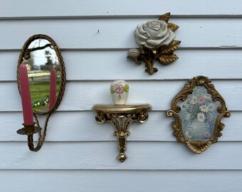 Vintage 4 Mix Match Gold Wall Collection Mirror Candle Sconce Flower Picture and Plastic Resin Flower Plaque and Shelf Sconce