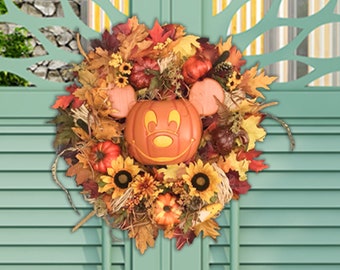 Fall Wreath - Mickey Mouse - Halloween Decoration - Pumpkin Wreath - Handmade Door Wreath - Thanksgiving Decor -Christmas Gift -Autumn Decor