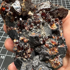 May include: A raw mineral specimen featuring a cluster of dark, opaque black crystals interspersed with translucent, deep red garnet-like formations. The jagged, multi-faceted structure displays a metallic luster and varied crystalline textures.