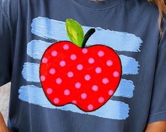 Striped Teacher PNG, Shirt Design, Apple Graphic, Blue Polka Dot PNG, Back to School Sublimation Download