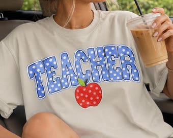 Teacher PNG, Teacher Shirt Design, Apple Teacher Graphic, Blue Polka Dot Varsity PNG, Back to School Sublimation Download