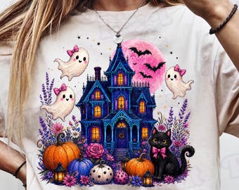 Trendy Haunted House Png, Brushstroke Halloween Sublimation Design, Girly Spooky Season Shirt Design, Trendy Floral Fall Png