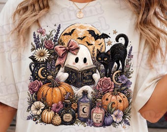 Ghost Reading Png, Brushstroke Halloween Sublimation Design, Girly Haunted House Shirt Design, Trendy Floral Fall Png