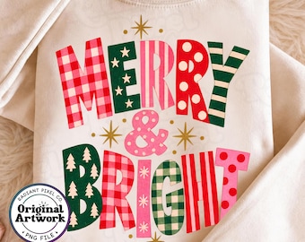 Merry and Bright PNG, Colorful Christmas PNG, Retro Christmas Sublimation, Preppy Holiday png, Shirt Sublimation Design