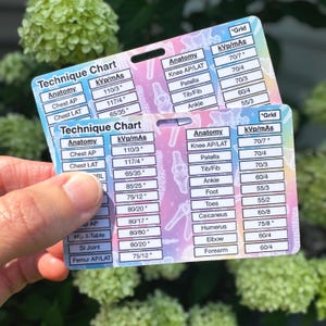 May include: A rectangular reference card featuring a Technique Chart with columns for Anatomy and kVp/mAs. The background has a pastel gradient with white skeletal illustrations. The chart lists various body parts and their corresponding settings.