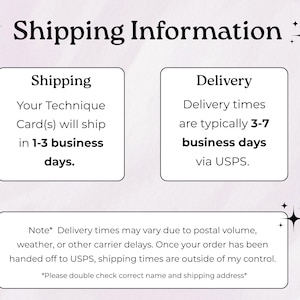 May include: A white informational graphic with black text titled Shipping Information. It features two square boxes detailing shipping and delivery times, plus a rectangular box at the bottom with a note regarding potential postal delays.