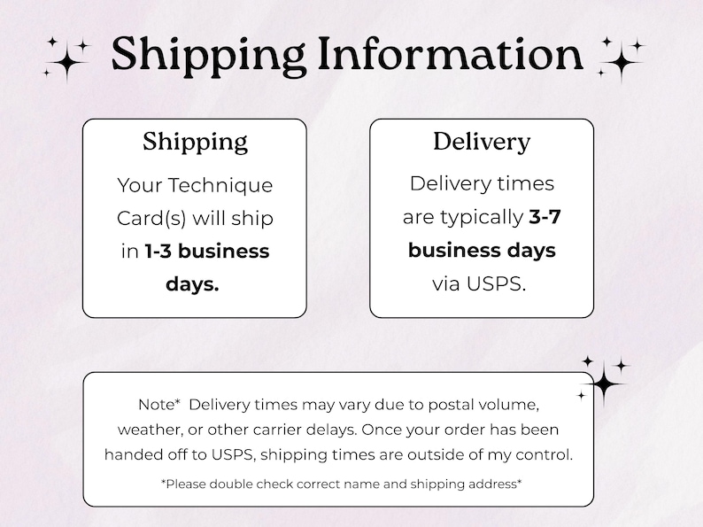 May include: A white informational graphic with black text titled Shipping Information. It features two square boxes detailing shipping and delivery times, plus a rectangular box at the bottom with a note regarding potential postal delays.
