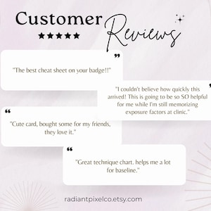 May include: A graphic display titled Customer Reviews with five stars, featuring four white rectangular speech bubbles containing testimonials. The text includes quotes about a badge cheat sheet, exposure factors, and a technique chart, with radiantpixelco.etsy.com at the bottom.