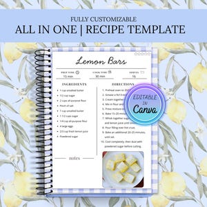 May include: A recipe template for "Lemon Bars" in a spiral-bound notebook, featuring a blue and white gingham border. The recipe includes ingredients and directions, with a photo of the finished dessert. The text "FULLY CUSTOMIZABLE ALL IN ONE | RECIPE TEMPLATE" is at the top.