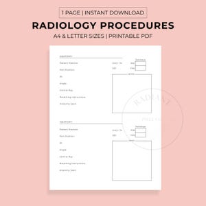 Radiology Procedures Worksheet, Printable ARRT Study Tool, X-ray Student Positioning, Technique Chart, Digital Download
