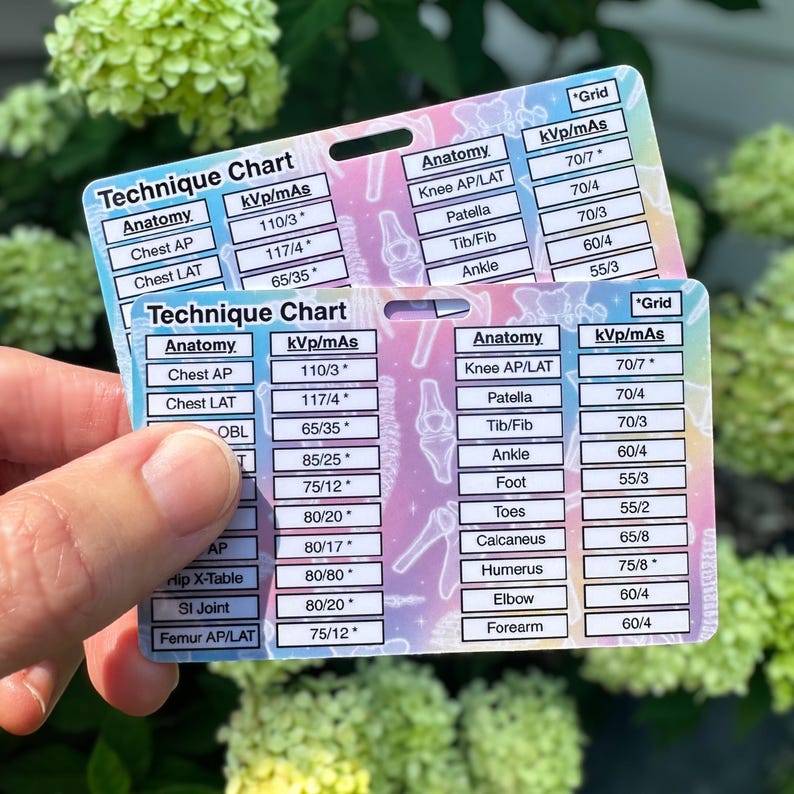 May include: A rectangular plastic reference card featuring a pastel rainbow background with white skeletal illustrations. The card displays a medical technique chart with columns for anatomy and kVp/mAs settings for various body parts.